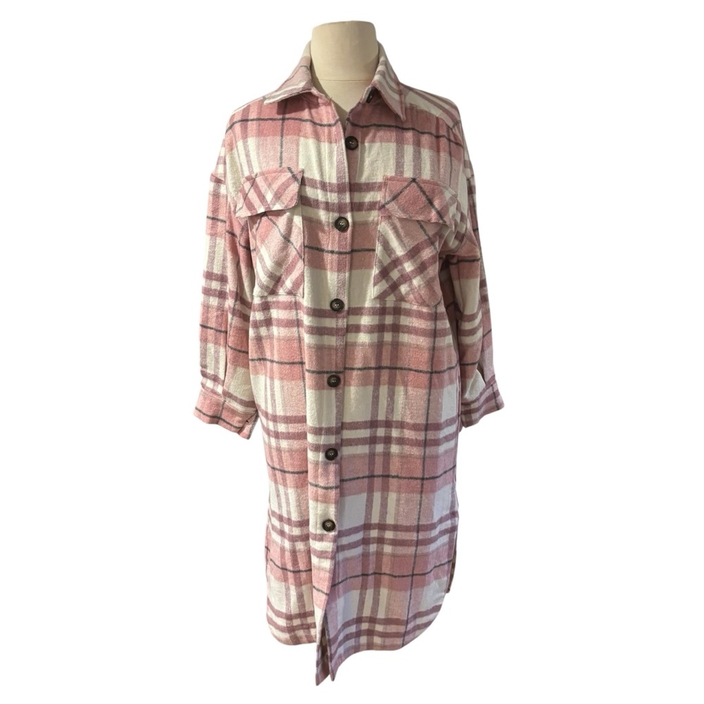 ZIA Plaid Mauve‎ Midi Shacket Pink Cream Checkered Longline Jacket Small #606